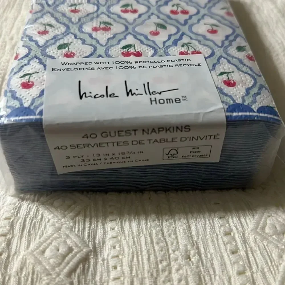 nicole miller Home 40 x 1pk Guest Paper Towel Napkins White Blue Cherry Trellis
